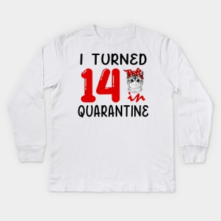 I Turned 14 In Quarantine Funny Cat Facemask Kids Long Sleeve T-Shirt